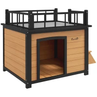 PawHut Caseta para perros con terraza en el techo, resistente a la intemperie, de madera, 121x77x78 cm, Negro/Amarillo(m-6)