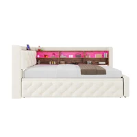 Velvet Pull-Out Sofa Bed Frame with Wooden Headboard Shelf, Convertible Daybed with Lift-Up Armrest Storage, 211L x 91W x 84H cm, Beige(m-2)