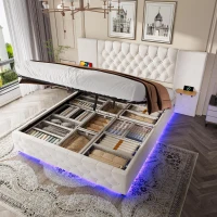 Spacious Platform Bed with Hydraulic Lift System, Modern Bed Frame with Wide Headboard and Tufting Button, 190L x 135W x 103H cm, Beige(m-10)