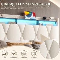 Functional Hydraulic Bed with Headboard Shelf, Stylish Platform Bed for Contemporary Bedrooms and Flats, 158L x 221W x 116.5H cm, Beige(m-8)