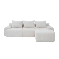 Corduroy Sectional Sofa with Built-in Cup Holders and Side Storage Pockets, 3-Seater Modular Sofa with Ottomans, 268L x 174W x 80H cm, Beige(m-2)