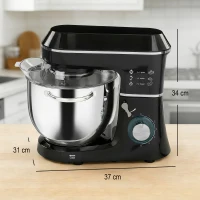 HOMCOM Impastatrice Planetaria 1400W con Ciotola 7L e 6 Velocità, Gancio Impastatore, Frusta e Sbattitore, Nero(m-3)