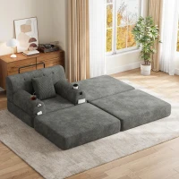 Corduroy Sleeper Chair with Ottoman and Metal Frame, Convertible 1-Seater Sofa Bed with High Backrest, 107L x 162W x 81H cm, Dark Gray(m-1)