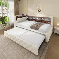 Velvet Pull-Out Sofa Bed Frame with Wooden Headboard Shelf, Convertible Daybed with Lift-Up Armrest Storage, 211L x 91W x 84H cm, Beige(m-9)