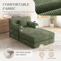 Corduroy Sleeper Chair with Ottoman and Metal Frame, Convertible 1-Seater Sofa Bed with High Backrest, 107L x 162W x 81H cm, Green(m-8)