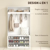 HOMCOM Porte-Manteau 4-en-1 avec Banc, Banc d'Entrée avec 12 Compartiments à Chaussures, 6 Crochets et Étagère Ouverte, Blanc(m-4)
