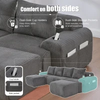 4-Seater Modular Cord Sofa with 2 Ottomans and Integrated Cup‑Holders, Corduroy Sectional Sofa for Living Rooms, 333L x 174W x 80H cm, Dark Gray(m-6)