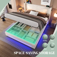 Modern Platform Bed with Hydraulic Lift System, Functional Bed Frame with Built-In Reading Lamps and USB Ports, 209L x 157W x 106H cm, Beige(m-8)