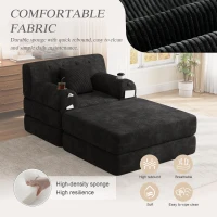 Corduroy Sleeper Chair with Ottoman and Metal Frame, Convertible 1-Seater Sofa Bed with High Backrest, 107L x 162W x 81H cm, Black(m-6)