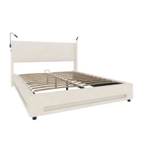 Modern Platform Bed with Hydraulic Lift System, Functional Bed Frame with Built-In Reading Lamps and USB Ports, 209L x 157W x 106H cm, Beige(m-11)