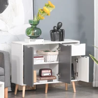 HOMCOM Aparador Móvel Auxiliar de Armazenamento com 2 Armários de Porta Gaveta Pés de Madeira 90x30x72 cm Cinza e Branco(m-2)