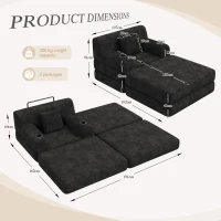 Corduroy Sleeper Chair with Ottoman and Metal Frame, Convertible 1-Seater Sofa Bed with High Backrest, 107L x 162W x 81H cm, Black(m-3)