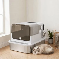 PawHut Lettiera per Gatti Chiusa XXL in Acciaio Inox, Coperchio Apribile a 90° e Doppie Porte, 70x50x46.5 cm, Grigio(m-8)
