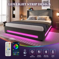 Modern Platform Bed with Hydraulic Lift System, Functional Bed Frame with Built-In Reading Lamps and USB Ports, 209L x 157W x 106H cm, Dark Gray(m-5)
