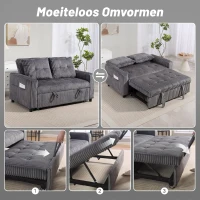 HOMCOM 2-zits slaapbank, ribfluwelen bekleding, om te vormen tot bed, 2 kussens, zijvakken, 157 x 190 cm, donkergrijs(m-4)