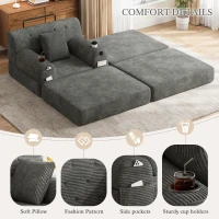 Corduroy Sleeper Chair with Ottoman and Metal Frame, Convertible 1-Seater Sofa Bed with High Backrest, 107L x 162W x 81H cm, Dark Gray(m-5)