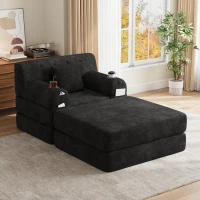 Corduroy Sleeper Chair with Ottoman and Metal Frame, Convertible 1-Seater Sofa Bed with High Backrest, 107L x 162W x 81H cm, Black(m-9)
