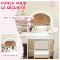 AIYAPLAY Coiffeuse pour enfants avec tabouret et miroir LED, table de maquillage pour 3 à 8 ans, 88,6 x 38,8 x 96,9 cm, blanc(m-7)