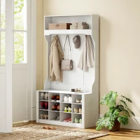 HOMCOM Porte-Manteau 4-en-1 avec Banc, Banc d'Entrée avec 12 Compartiments à Chaussures, 6 Crochets et Étagère Ouverte, Blanc(m-7)