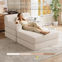 Corduroy Sleeper Chair with Ottoman and Metal Frame, Convertible 1-Seater Sofa Bed with High Backrest, 107L x 162W x 81H cm, Beige(m-7)