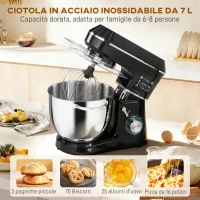 HOMCOM Impastatrice Planetaria 1400W con Ciotola 7L e 6 Velocità, Gancio Impastatore, Frusta e Sbattitore, Nero(m-5)