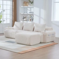 Corduroy Sectional Sofa with Built-in Cup Holders and Side Storage Pockets, 3-Seater Modular Sofa with Ottomans, 268L x 174W x 80H cm, Beige(m-1)