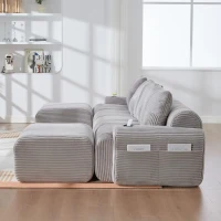 4-Seater Modular Cord Sofa with 2 Ottomans and Integrated Cup‑Holders, Corduroy Sectional Sofa for Living Rooms, 333L x 174W x 80H cm, Light Gray(m-8)