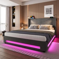 Modern Platform Bed with Hydraulic Lift System, Functional Bed Frame with Built-In Reading Lamps and USB Ports, 209L x 157W x 106H cm, Dark Gray(m-1)