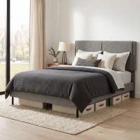 HOMCOM Estructura de Cama 140x190 cm con Somier y Cabecero Ajustable Tapizada en Lino con Almacenamiento Inferior Gris(m-4)