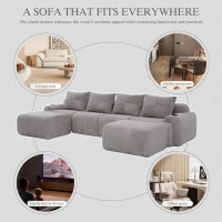 4-Seater Modular Cord Sofa with 2 Ottomans and Integrated Cup‑Holders, Corduroy Sectional Sofa for Living Rooms, 333L x 174W x 80H cm, Light Gray(m-7)