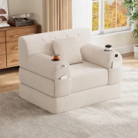 Convertible 1-Seater Sleeper Sofa with Tufted Corduroy Upholstery, Ideal Sofa Bed for Living Rooms and Small Spaces, 107L x 80W x 81H cm, Beige(m-1)