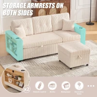 Multifunctional Corduroy Sofa Bed with Hidden Storage and Pull‑Out Bed, LED-Lighted Guest Couch with Wide Armrests, 196L x 82W x 85H cm, Beige(m-6)