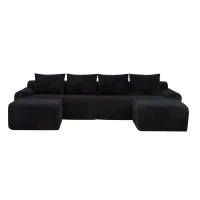 4-Seater Modular Cord Sofa with 2 Ottomans and Integrated Cup‑Holders, Corduroy Sectional Sofa for Living Rooms, 333L x 174W x 80H cm, Black(m-2)