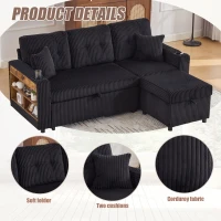 Multifunctional Corduroy Sofa Bed with Hidden Storage, LED-Lighted Guest Couch for Family Film Nights, 196L x 82W x 85H cm, Black(m-8)