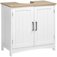 kleankin Meuble salle de bain sous lavabo à double portes avec étagères réglables, blanc et bois naturel(m-11)