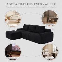 Corduroy Sectional Sofa with Built-in Cup Holders and Side Storage Pockets, 3-Seater Modular Sofa with Ottomans, 268L x 174W x 80H cm, Black(m-7)