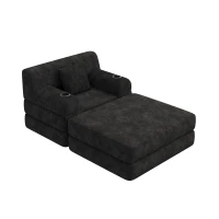 Corduroy Sleeper Chair with Ottoman and Metal Frame, Convertible 1-Seater Sofa Bed with High Backrest, 107L x 162W x 81H cm, Black(m-10)