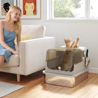 PawHut Maison de Toilette pour Chat XXL en Inox, Couvercle 90°, Double Porte, Filtre Frontal, Pelle, 70x50x46,5cm, Gris(m-16)