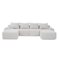 4-Seater Modular Cord Sofa with 2 Ottomans and Integrated Cup‑Holders, Corduroy Sectional Sofa for Living Rooms, 333L x 174W x 80H cm, Beige(m-2)