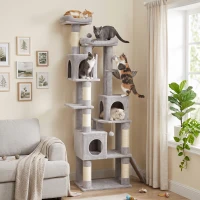 PawHut Arbre à chat griffoir haut 200 cm avec 6 poteaux griffoirs en sisal, 2 nids, 3 cabines, hamac, Gris clair(m-6)