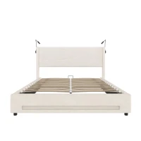 Modern Platform Bed with Hydraulic Lift System, Functional Bed Frame with Built-In Reading Lamps and USB Ports, 209L x 157W x 106H cm, Beige(m-2)