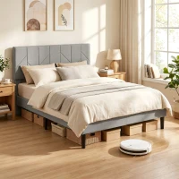 HOMCOM Marco de Cama 140x190 cm con Somier y Cabecero Ajustable Cama Doble Acolchada en Lino con Almacenamiento Inferior Gris(m-4)