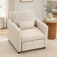 HOMCOM Sillón Cama 3 en 1 en Tejido Efecto Lino con Respaldo Regulable, Blanco Crema(m-4)