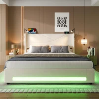 Modern Platform Bed with Hydraulic Lift System, Functional Bed Frame with Built-In Reading Lamps and USB Ports, 209L x 157W x 106H cm, Beige(m-9)