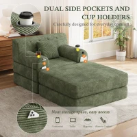 Corduroy Sleeper Chair with Ottoman and Metal Frame, Convertible 1-Seater Sofa Bed with High Backrest, 107L x 162W x 81H cm, Green(m-7)