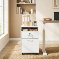 HOMCOM Bloco de Gavetas de Escritório com 4 Rodas Fechadura Prateleira Aberta e Armário 40x35x60 cm Branco(m-8)