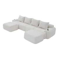 4-Seater Modular Cord Sofa with 2 Ottomans and Integrated Cup‑Holders, Corduroy Sectional Sofa for Living Rooms, 333L x 174W x 80H cm, Beige(m-13)