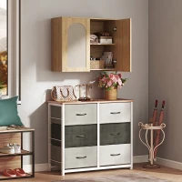 HOMCOM Armario mural de baño bohemio con 2 puertas efecto ratán de cierre suave y estantería regulable, roble(m-4)