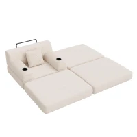 Corduroy Sleeper Chair with Ottoman and Metal Frame, Convertible 1-Seater Sofa Bed with High Backrest, 107L x 162W x 81H cm, Beige(m-10)