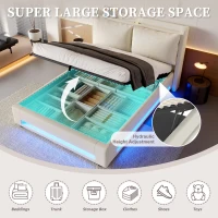 Practical Bed Frame with Built-in Shelf and Night Light, Hydraulic-Lift Platform Bed for Compact Bedrooms, 152.5L x 210W x 114H cm, Beige(m-6)